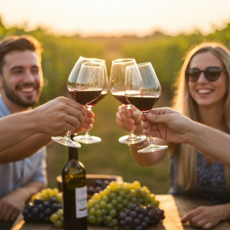 Outdoor patio furniture with pink cushions overlooking lush Kelowna's vineyard rows.